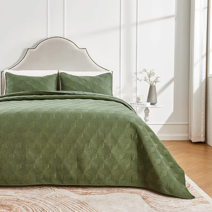 beeweed Quilt Set Queen Size 3 Pieces, Lightweight Microfiber Diamond Pattern Bedspreads for All Season Olive Green Soft Summer Coverlet Set with Ultrasonic Quilting Technology(1 Quilt 2 Pillow Shams)