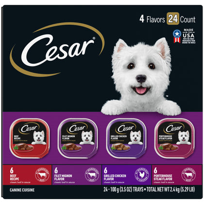 CESAR Adult Wet Dog Food Classic Loaf in Sauce Beef Recipe, Filet Mignon, Grilled Chicken and Porterhouse Steak Variety Pack, 3.5 oz. Easy Peel Trays (Pack of 24)