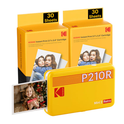 KODAK Mini 2 Retro 4PASS Portable Photo Printer (2.1x3.4 inches) + 68 Sheets Bundle, Yellow