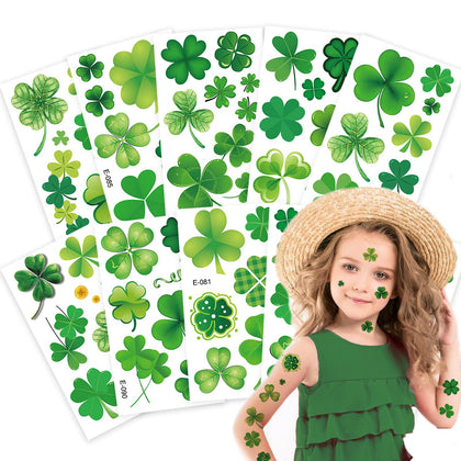 10 Sheets Lucky Shamrock Tattoos, St. Patrick's Day Green Shamrocks Face Tattoos for Irish Kids Adults Parade Arm Face Body Makeup & Costume
