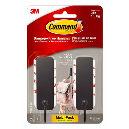 Command Medium Decorative Wall Hooks, Damage Free Hanging Wall Hooks with Adhesive Strips, No Tools Wall Hooks for Hanging Christmas Decorations, 2 Black Hooks and 4 Command Strips