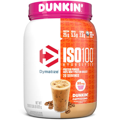 Dymatize ISO100 Hydrolyzed 100% Whey Isolate Protein Powder in Dunkin' Cappuccino Flavor, 25g Protein, 95mg Caffeine, 5.5g BCAAs, Gluten Free, Fast Absorbing, Easy Digesting, 21.8 Oz