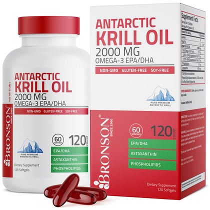 Bronson Antarctic Krill Oil 2000 mg with Omega-3s EPA, DHA, Astaxanthin and Phospholipids 120 Softgels (60 Servings)