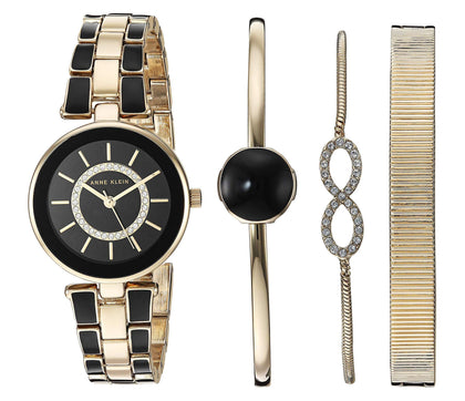 Anne Klein Women's AK/3286BKST Premium Crystal Accented Gold-Tone and Black Watch and Bracelet Set