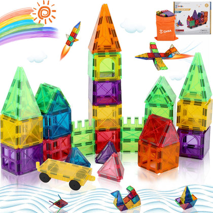 SKBA 51 Pcs Magnetic Tiles Building Blocks with Car Colorful Sensory Toys for Kids 3-12 Eco-Friendly 3D Magnetic Blocks for Toddler Construction Educational STEM Toys