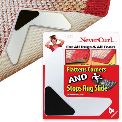 NeverCurl 4pk Rug Corner Grippers - Instantly Flattens Rug Corners To Hold Rug Down, Stiff Layer Prevent Curling, Renewable Carpet Gripper Sticky Gel, Easy Lift Design to Clean Under Rugs, Carpet Tape