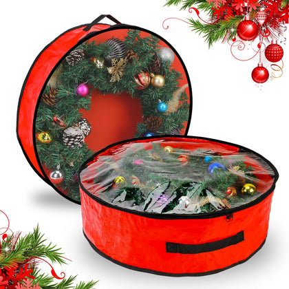 2 Pack Christmas Wreath Storage Container - 24 Inch, Garland Storage, Christmas Large Wreath Storage Container Cover, Durable Tarp Material, Dual Zipper Storage Bag for Xmas Holiday, Red