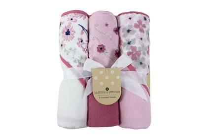 Cudlie Buttons & Stitches Baby Girl 3 Pack Rolled/Carded Hooded Towels in Crisp Blossom Print (GS71728)