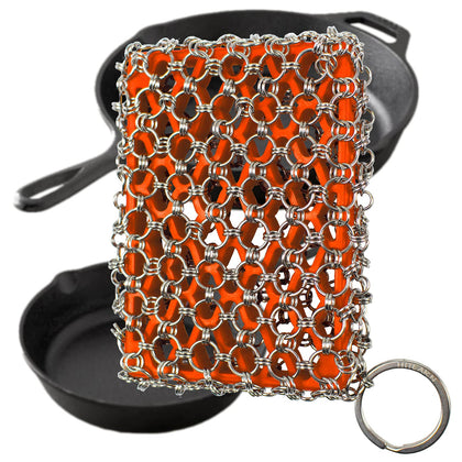 Cast Iron Cleaner Set, Premium 316l Stainless Steel Chainmail Scrubber with Silicone Insert for Cast Iron Pans,Kitchen Cleaning Metal Chain Brush for Pre Seasoned Pan,Dutch Waffle Pans Scraper