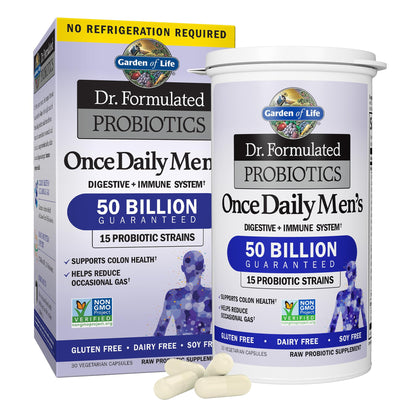 Garden of Life Probiotics for Men Dr Formulated 50 Billion CFU 15 Probiotics + Organic Prebiotic Fiber for Digestive, Colon & Immune Support, Daily Gas Relief, Dairy Free, Shelf Stable, 30 Capsules