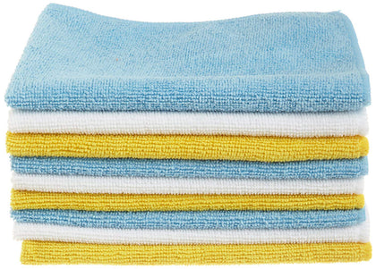 Amazon Basics Microfiber Cleaning Cloth, Non-Abrasive, Reusable and Washable, Pack of 24, Blue/White/Yellow, 16