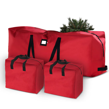 Christmas Tree Storage Bag - for Artificial Trees up- Garland Bag, (3 pc set) Durable Waterproof Material With Stitched Reinforced Carrying Handles - (7.5 ft, Red)