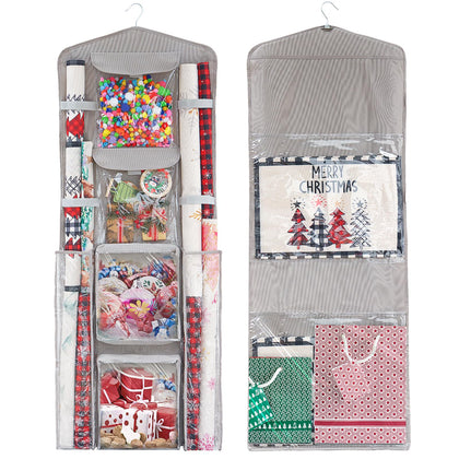 Fixwal Christmas Hanging Gift Wrapping Paper Storage Oxford Double-Sided Hanging Gift Wrap Craft Roll Organizer Storage Pockets Hanging Pantry Organizer (Grey)