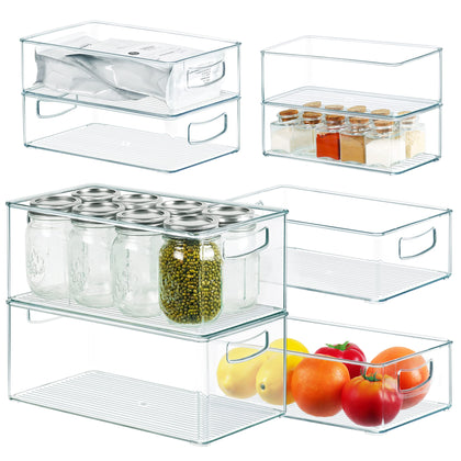Qilinba Clear Storage Bins Stackable Plastic Containers for Organizing, 8 PACK Multi-size Organizer Bins for Freezer Pantry Cabinet Storage and Organization