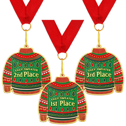 Christmas Ugly Sweater Medal Award, 1st 2nd 3rd Place Medal Award for Ugliest Sweater Contest Ugly Sweater Contest Prizes Necklace Jewelry for Parties Holidays Christmas Tree Ornament