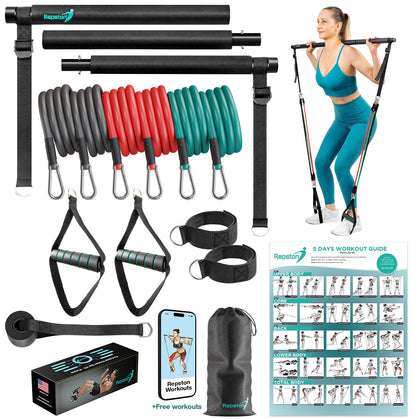 Pilates Bar Kit with Resistance Bands - 6X Resistance Bands, 3 Section Exercise Bar with Adjustable Strap, Door Anchor, Foot Loops, and Ankle Strap - Pilates Equipment for Home Workouts