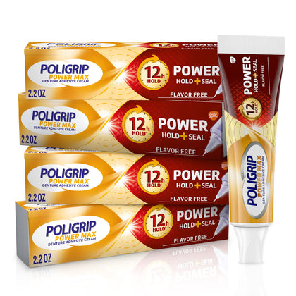 Super Poligrip Power Max Power Hold plus Seal Denture Adhesive Cream, Denture Cream for Secure Hold and Food Seal, Flavor Free - 2.2 oz (Pack of 4)