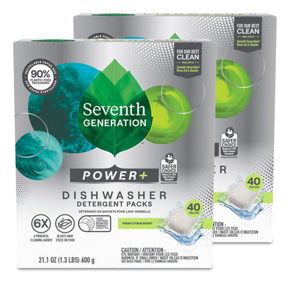 Seventh Generation Power+ Dishwasher Detergent Packs for Sparkling Dishes Fresh Citrus Scent Dishwasher Tabs, 40 Count, Pack of 2 (Packaging May Vary)