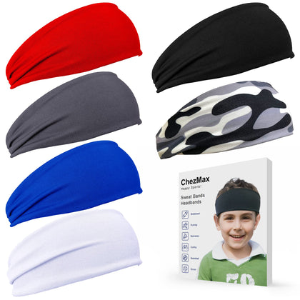 ChezMax 6 PCS Sweatbands for Kids, Soccer Headbands Boys Sports Kids Sweatbands, Breathable Sweat Wicking Headband, Baseball Youth, Black, White, Gray, Blue, Red And Camouflage,(FD01-Kids)