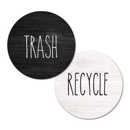 Rustic Recycle and Trash Magnets for Kitchen Trash Cans and Recycling Bins, Trash and Recycle Magnet Combo for Garbage Can Logo Symbol, 2 Magnetic Sticker Adhesives, 3.5