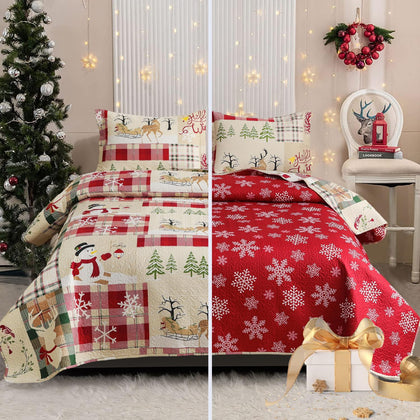 CHESITY Christmas Quilts Set Queen Size Reversible Xmas Bedding Rustic Lodge Quilt Plaid Bedspread Breathable Snowmen Reindeer Coverlet Soft Lightweight Christmas Bedding Decor(90
