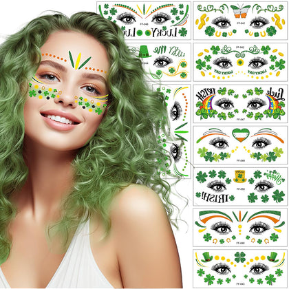 St. Patrick's Day Glitter Shamrock Face Temporary Tattoos Sticker for Women Girls Eye Face Makeup Decor Irish Shiny Butterfly Rainbow Heart Body Art Waterproof Fake Tattoo for Festival Party 10Sheets