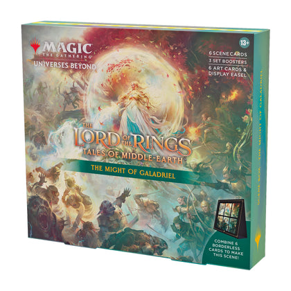 Magic The Gathering The Lord of The Rings: Tales of Middle-Earth Scene Box - The Might of Galadriel (6 Scene Cards, 6 Art Cards, 3 Set Boosters + Display Easel)