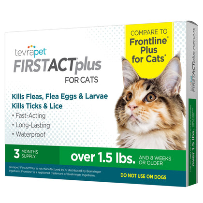 TevraPet FirstAct Plus Flea and Tick Topical for Cats over 1.5lbs, 3 Dose Waterproof Flea and Tick Control/Prevention for 3 Months