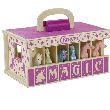 Breyer Horses Unicorn Magic Wooden Stable Playset with 6 Unicorns | 6 Piece | 6 Stablemates Unicorns Included | 6 H x 9 L x 2.5 D | 1:32 Scale | Model #59218, Multicolor