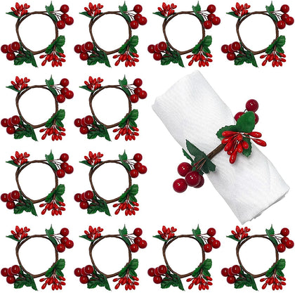 Napkin Rings Set of 12, Haoypaic Rustic Napkin Ring Serviette Holders Handmade Red Berry Table Decorations for Wedding Christmas Thanksgiving New Year Valentine's Banquet Birthday Party