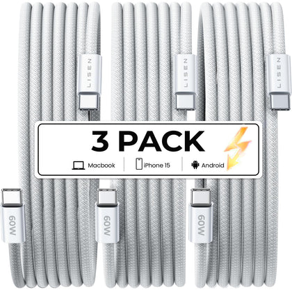 LISEN USB C Cable to USB C for Safe Certified 60W 3-Pack 6.6ft USBC to USBC Cable Type C Fast Charging Charger Cable Cord for iPhone 15 Pro Max Plus Samsung S23 Note 20 iPad Pro Air Mini MacBook Air