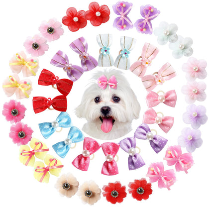 40 Pieces Dog Bows Cute Puppy Dog Bowknot Hair Bows Handmade Hair Accessories Bow with Rubber Bands Lace Organza Puppy Bows Rhinestone Pearls Dog Hair Ties Multicolor Dog Hair Grooming Accessories