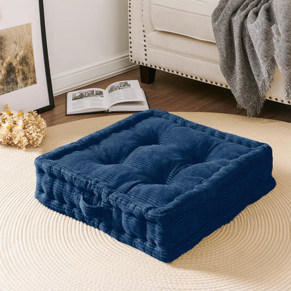 Wellsin Square Floor Pillows for Adults Kids - Meditation Floor Pillow Seating Cushion - Tufted Floor Cushion with Shredded Memory Foam & Velvet Cover, 1 Pack, 20x20 Inch, Navy Blue