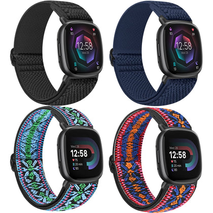 Nidoujin Elastic Bands Compatible for Fitbit Versa 4/Fitbit Sense 2 Straps/Fitbit Versa 3/Fitbit Sense Bands Men Women, 4 Pack Adjustable Breathable Stretchy Nylon Loop Sports Replacement Wristband