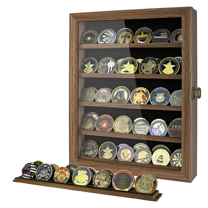 DecoWoodo Military Challenge Coin Display Case with HD Glass Door- 5 Rows Medal Display Case Cabinet Rack Shadow Box with Removable 2 Grooves Shelves Poker Chips Coin Holder for Collectors, Rust Brown