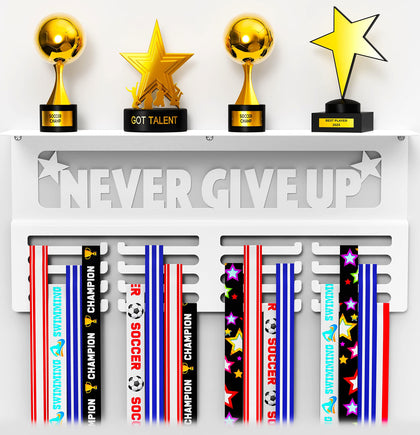 White Medal Hanger Display with Shelf - Easy Install Metal Award Rack Trophy Shelf for Walls Holds 64+ Sports Medals- Our Never Give Up Wall Medal Holder Includes 10 Inspirational Stickers