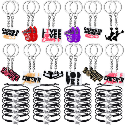 Sureio 48 Pcs Cheerleader Gifts 24 Cheer Bracelets 24 Cheer Keychain for Girls Boys Women Cheerleader Gift for Party Favors (Multi Style, Black)