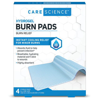 Care Science Hydrogel Sterile Burn Dressing Bandage Pads for Burn Relief, 4 ct | Instant Cooling Relief for Minor Burns & Wounds