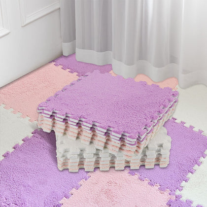 18 Pcs Plush Foam Floor Mat Square Interlocking Carpet Tiles with Border Fluffy Play Mat Floor Tiles Soft Climbing Area Rugs for Home Playroom Decor, 12 x 12 x 0.4 Inch (Beige, Light Pink, Mauve)