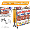 PLKOW Basketball Rack, Rolling Ball Storage with Baseball Bat Holder and Hooks, Sports Equipment Storage with Wheels for Volleyball, Football and Basketball Accessories, Powder Coated Steel