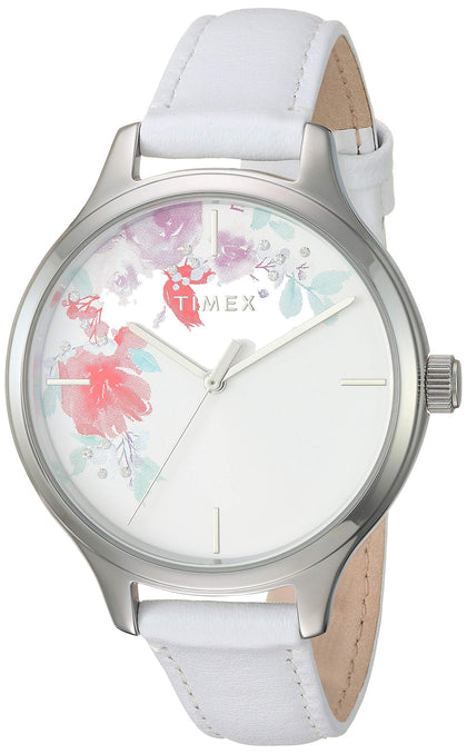 Timex Women's Crystal Bloom 36mm Watch - White Floral Crystal Accent Dial Silver-Tone Case with White Leather Strap