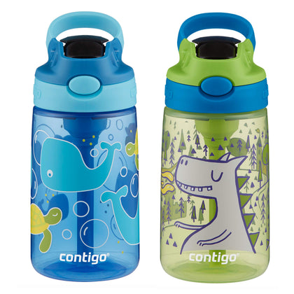 Contigo Aubrey Kids Cleanable Water Bottle with Silicone Straw and Spill-Proof Lid, Dishwasher Safe, 14oz 2-pack, Whales & Dragon