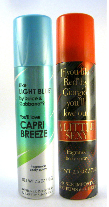 Parfums De Coeur Designer Imposters Women Body Spray 2.5 oz Bundle: (Capri Breeze/A Little Sexy)