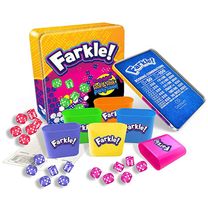 Farkle Deluxe Dice Games Set Includes 36 Colorful Dice, 6 Rolling Cups, Rolling Tray, and Score Sheets The Classic Push-Your-Luck Dice Game