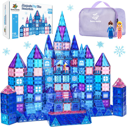 Frozen Magnetic Tiles 110 PCS, Princess Castle Magnetic Blocks, Frozen Toys for Girls, 3 4 5 6 7 8 Year Old Girl Birthday Gift Ideas, Magnetic Building Blocks + Zippered Carrying Case + 2 Dolls Gift