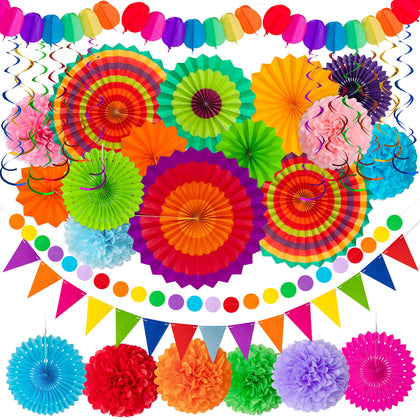 35PCS Fiesta Paper Fan Party Decorations Set - Cinco De Mayo Pom Poms,Pennant,Garland String,Banner,Hanging Swirls Decor Supplies?Multicolored)
