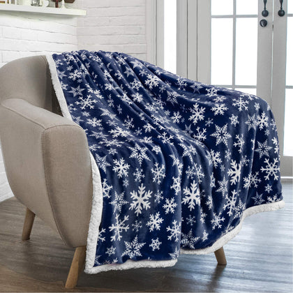 PAVILIA Premium Christmas Sherpa Throw Blanket | Blue Snowflake Decoration, Fleece, Plush, Warm, Cozy Reversible Microfiber Holiday Blanket 50 x 60 Inches