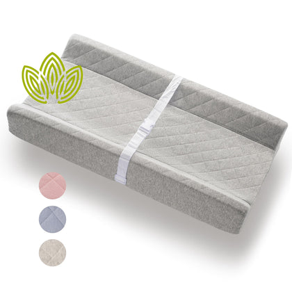 Organic Cotton Contoured Changing Pad | Topper for Standard Size Infant Diaper Table or Dresser w/Waterproof Cushion Mattress Includes Removable and Washable Cover, Safety Strap, Non-Slip Grip Bottom