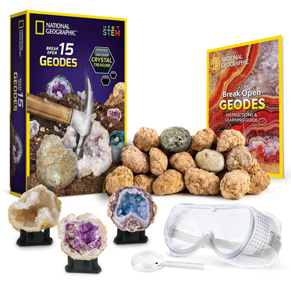 NATIONAL GEOGRAPHIC Break Open 15 Premium Geodes - With Goggles, Detailed Learning Guide, 3 Display Stands, Great STEM Science Toy & Educational Gift