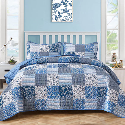 Mybedsoul Blue Boho Quilt Set Queen Size,3 Pieces Plaid Floral Bedspread Coverlet Set for All Season,Patchwork Reversible Bedding Set Queen 90